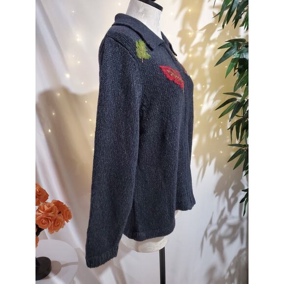 Vtg Mandal Bay Fall Crochet Leaf Acorn Zip Sweater Womens Size M Blue Granny - Picture 5 of 9